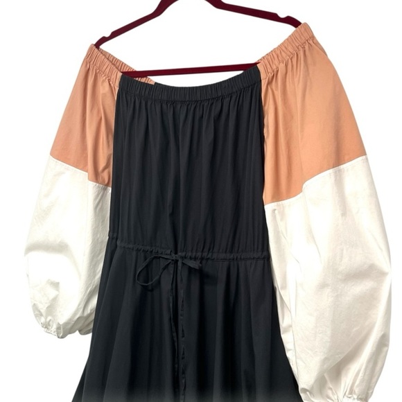 Staud Juliet Colorblock Off The Shoulder Cotton Bubble Hem Puff Sleeve Dress S - Picture 9 of 13